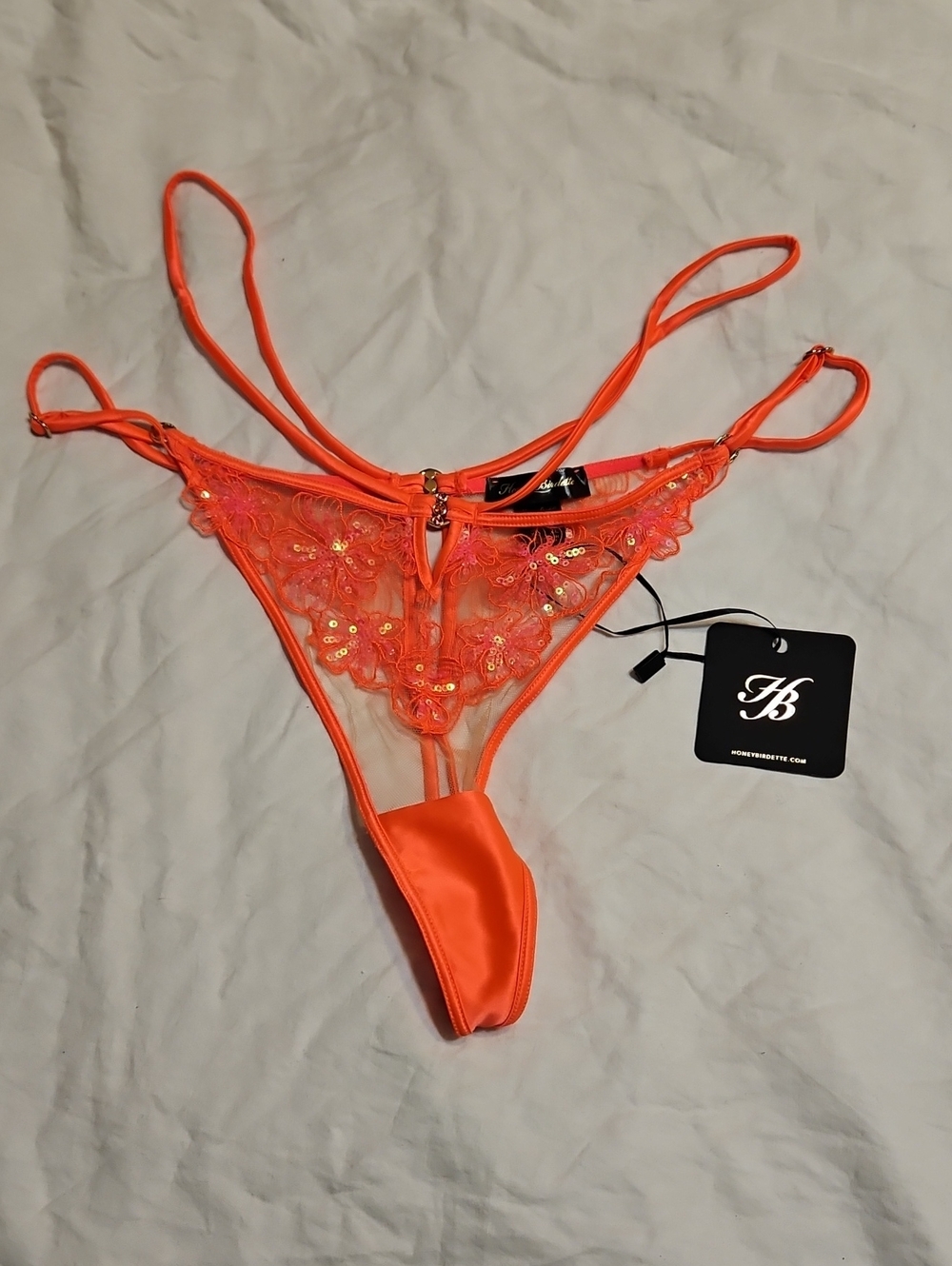 Honey Birdette Lola Orange Floral Lace Thong with Sequin Detail Sz Xl
